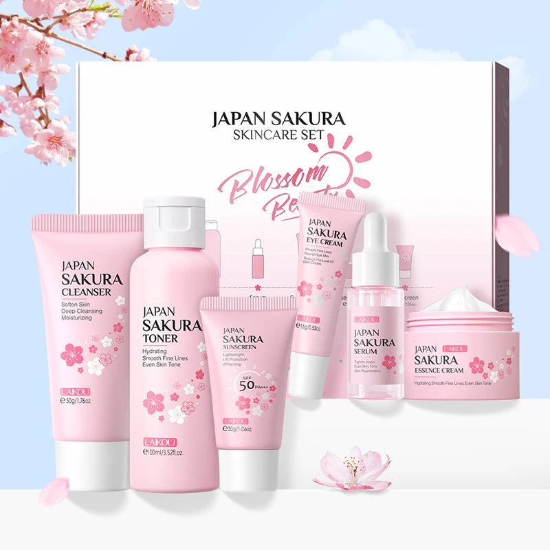 New 6Pcs/Set Sakura Skin Care Sets Face Cream Serum Toner Facial Cleanser Sunscreen Eye Cream Face Skin Care Products