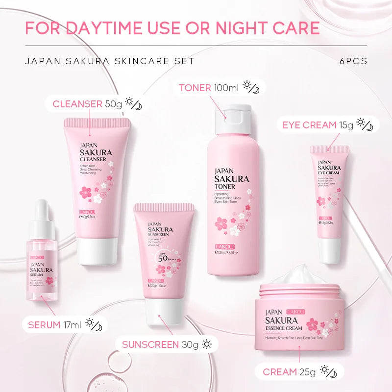 New 6Pcs/Set Sakura Skin Care Sets Face Cream Serum Toner Facial Cleanser Sunscreen Eye Cream Face Skin Care Products