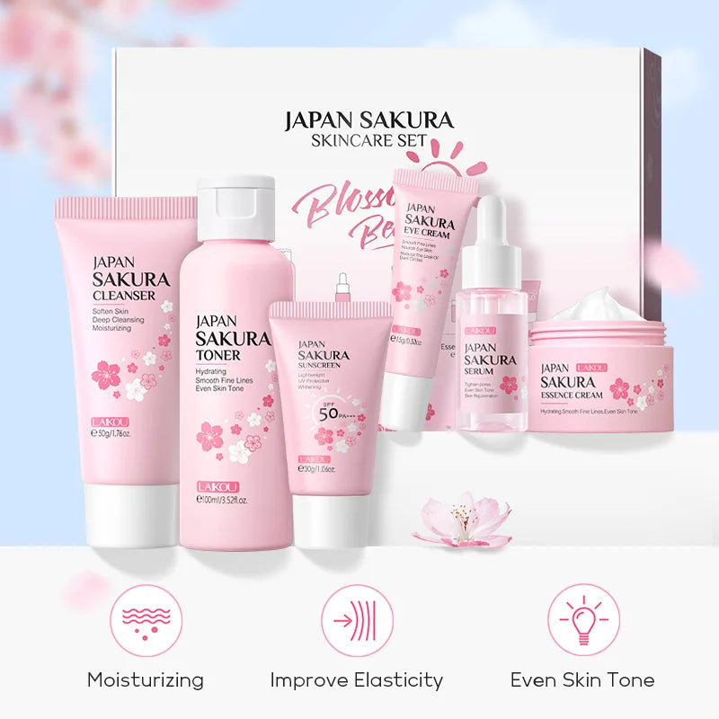 New 6Pcs/Set Sakura Skin Care Sets Face Cream Serum Toner Facial Cleanser Sunscreen Eye Cream Face Skin Care Products