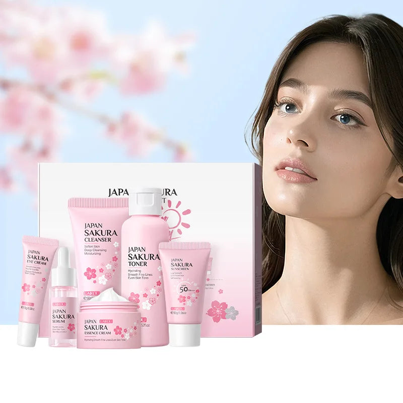 New 6Pcs/Set Sakura Skin Care Sets Face Cream Serum Toner Facial Cleanser Sunscreen Eye Cream Face Skin Care Products