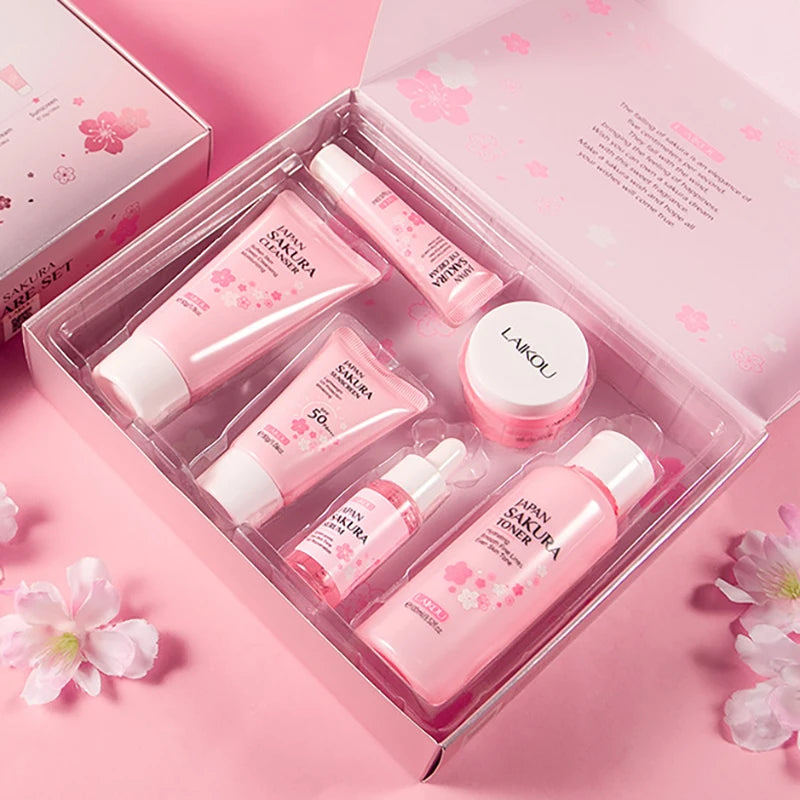 New 6Pcs/Set Sakura Skin Care Sets Face Cream Serum Toner Facial Cleanser Sunscreen Eye Cream Face Skin Care Products